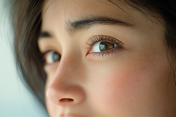 This close-up photograph showcases a woman's face, highlighting her captivating brown eyes and delicate eyelashes A gentle expression graces her features in this portrait The image evokes a sense of