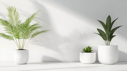 Fototapeta premium three white vases with plants in them on a table