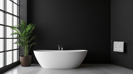 Minimalist black-and-white bathroom design with a spacious bathtub, a large window, and a touch of greenery from a potted plant.