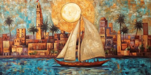 Colorful sailboat gliding past a vibrant cityscape under a bright sun at twilight on the river