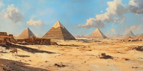 Ancient pyramids rise majestically amidst the desert landscape under a blue sky with scattered clouds
