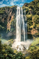 Majestic waterfall cascading down rocky cliffs, surrounded by lu