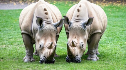 Rhinos Grazing in Grassy Field Together