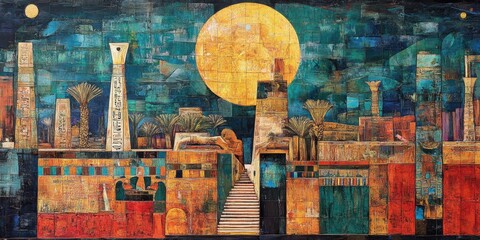 Vibrant mural depicting ancient Egyptian architecture under a glowing sun