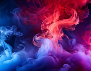 Fototapeta premium Dramatic smoke and fog in contrasting vivid red, blue, and purple colors. Vivid and intense abstract background or wallpaper.