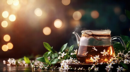 Adaptogenic herbal teas blend herbs for wellness and healing. Elegant glass teapot with fresh flowers and soft bokeh lights