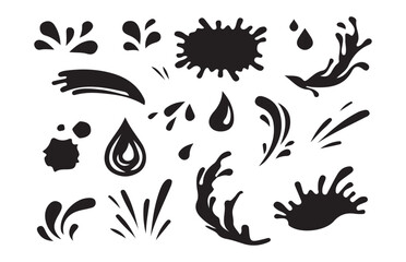 Water splash silhouettes.Water drops shapes, liquid burst splashes and ink blot hand drawn vector set of silhouette.Vector Illustration EPS 10