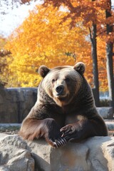 Obraz premium A bear resting on a rock with autumn foliage in the background.