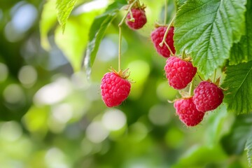 Fresh juicy raspberries hanging on a green bush. Cluster of big ripe red raspberry berries on a...