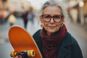 Confident older woman with skateboard, stylish glasses, urban ba