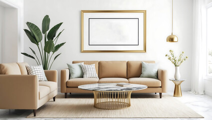 Mock up poster frame in Scandinavian style interior. Minimalist living room decoration.