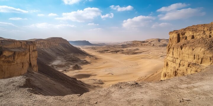 Vast desert landscape with dramatic cliffs and blue sky in a remote location - Powered by Adobe