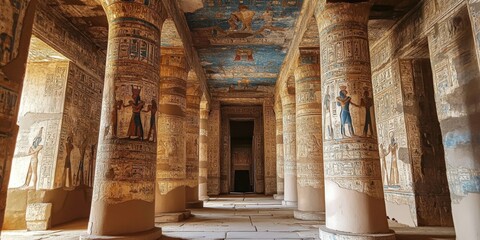 Ancient temple interior showcasing intricate hieroglyphics and vibrant murals from Egypt's rich historical heritage