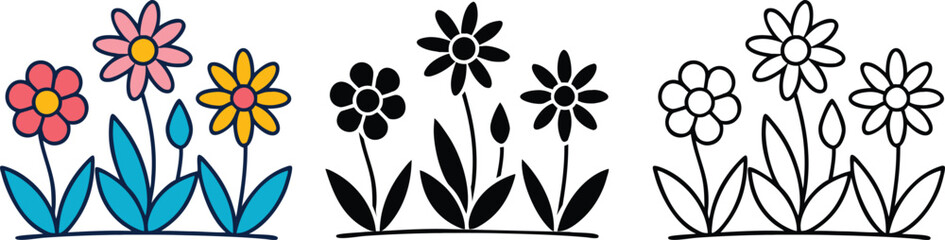 Colorful Flowers, Black, White Line Art Garden Illustrations