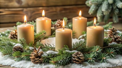 Advent candles glowing in a Christmas wreath, resting on fresh snow with winter's embrace.