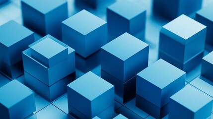 Obraz premium High-resolution image of a background with blue 3D cubes in a clean, minimalist isometric design, showcasing precise geometric shapes and subtle shading effects.