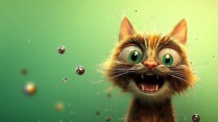 A humorous scene of an eccentric cat with wildly expressive facial expressions, with playful elements strewn throughout a gradient green background