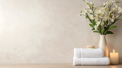 Spa-like setting with white towels, flowers, candle, and wood surface against a beige wall.