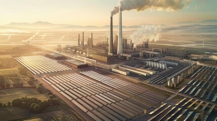 Fototapeta premium Aerial view of an industrial complex with smokestacks and solar panels in a vast landscape.