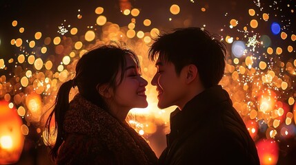 Illuminating Love: Close up of Couple Lighting Paper Lanterns at Night Lantern Festival