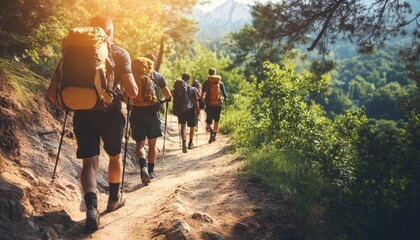Obraz premium Group Of Friends Hiking On Sunny Trail, Exploring The Great Outdoors, Enjoying Scenic Mountain Views