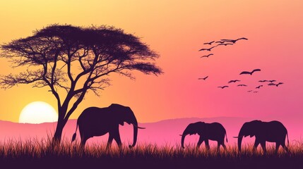 Fototapeta premium Silhouetted Animals Walking at Dawn in a Grassy Field