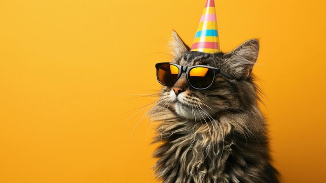 A cat in a birthday hat on a yellow background and a copy space