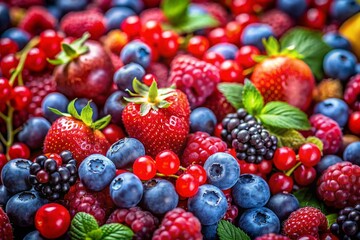 Fototapeta premium Mouthwatering Mixed Berry Medley: Tilt-Shift Photography Background Banner