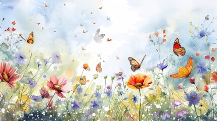 A watercolor painting of a meadow with flowers and butterflies flying over it