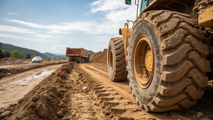 Mud-Covered Heavy Duty Construction Vehicle Tires with Deep Treads