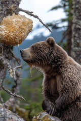Obraz premium A bear curiously approaches a dripping honeycomb hanging from a tree in a natural setting.
