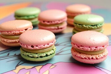 Fototapeta premium Delicate macarons in pastel colors arranged artfully on vibrant