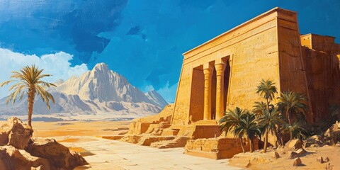 Majestic ancient temple surrounded by palm trees and mountains under a clear blue sky in the desert landscape