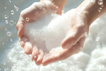 Fototapeta premium Woman washing hands with soap and water, generating a rich lather of foam and bubbles, emphasizing the importance of hygiene and cleanliness for health and disease prevention