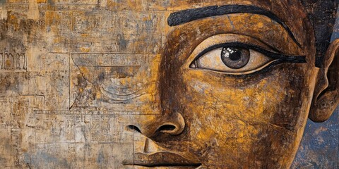 Stunning close-up of ancient Egyptian art depicting a detailed human face with striking features