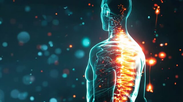 A human body with glowing spine and joints