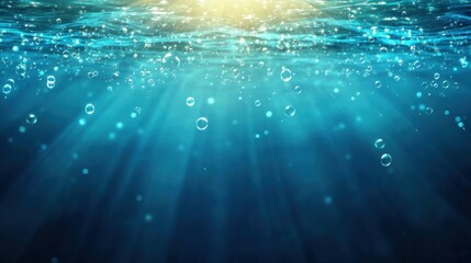Obraz premium Underwater scene with light rays and bubbles creating a serene aquatic atmosphere.