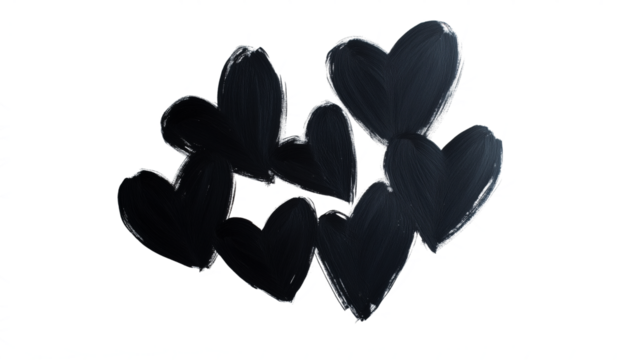 Group of sketched black overlapping hearts isolated on transparent background, Valentines day love romantic decoration