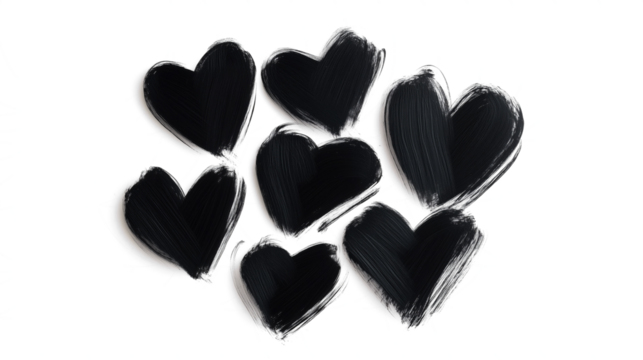 Group of sketched black overlapping hearts isolated on transparent background, Valentines day love romantic decoration