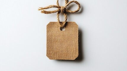 Blank hanging tag with twine on white background.