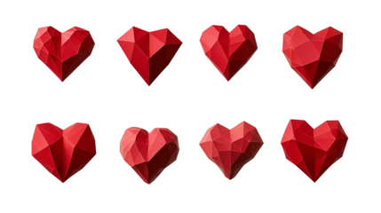 Set of geometric red origami paper hearts isolated on transparent background, Valentines day love romantic decoration