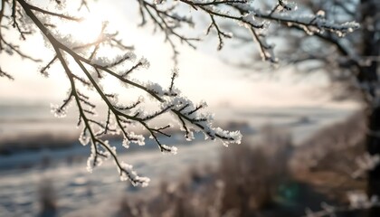 Obraz premium Close-up of frosted branches on a winter day.