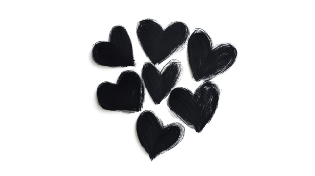 Group of sketched black overlapping hearts isolated on transparent background, Valentines day love romantic decoration