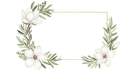 Fototapeta premium Elegant Magnolia Olive Branch Frame Wedding Invitation Floral Design Greenery