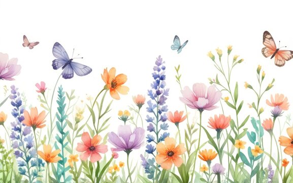 Jard&iacute;n floral en acuarela con mariposas para decoraci&oacute;n de interiores y arte mural