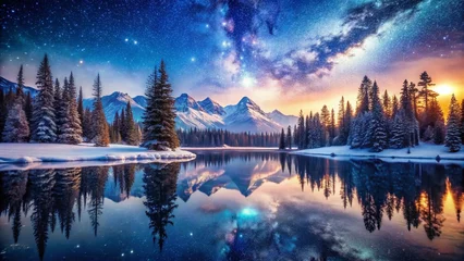 Wandcirkels Mistig bos Mystical Winter Wonderland: Double Exposure of Starry Night Sky and Frozen Lake  © prapatsorn