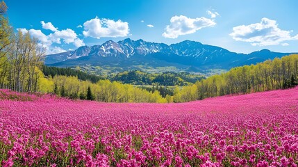 Obraz premium Serene alpine valley blanketed in vibrant springtime blooms with distant majestic mountains rising in the background under a clear blue sky