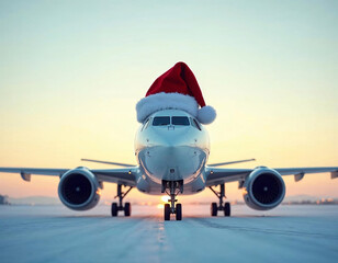 Creative airplane with a festive Santa hat during sunset in a snow-covered airport, capturing the spirit of the holiday season and travel adventure
