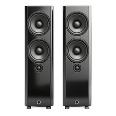Fototapeta premium Two black speakers with black grills and black stands