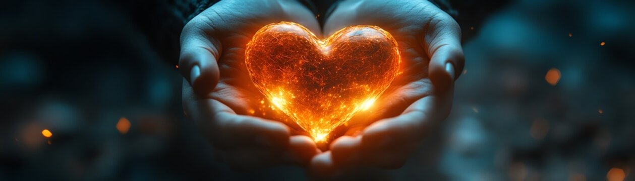A glowing heart in the hands of a person, radiating light and warmth, symbolizing the selfless act of donating your heart to charity